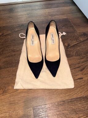 JIMMY CHOO Navy Suede Pointed Toe Pumps